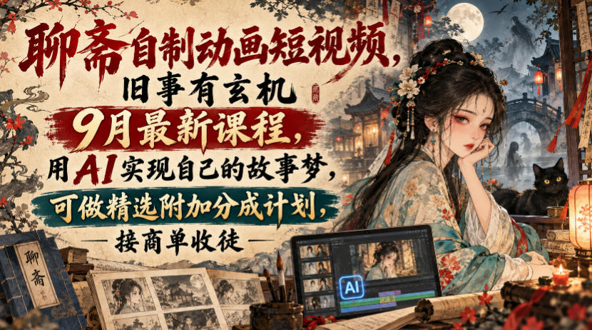 聊斋自制动画短视频，旧事有玄机9月最新课程，用AI实现自己的故事梦，可做精选附加分成计划，接商单收徒-资源共享