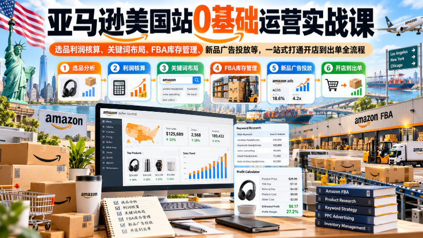 亚马逊美国站0基础运营实战课｜选品利润核算、关键词布局、FBA库存管理、新品广告投放等，一站式打通开店到出单全流程-资源共享