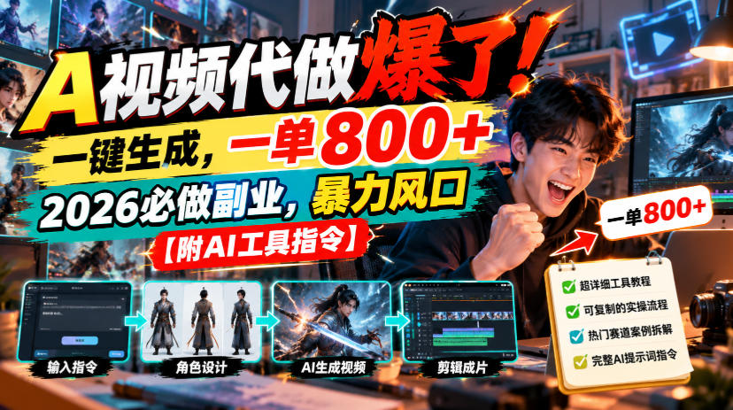 A视频代做爆了！一键生成，一单800+，2026必做副业，暴力风口【附AI工具指令】-资源共享