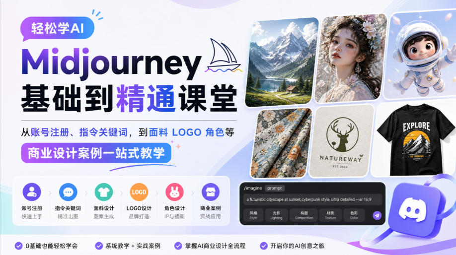 轻松学AI Midjourney基础到精通课堂，从账号注册、指令关键词，到面料LOGO角色等商业设计案例一站式教学-资源共享