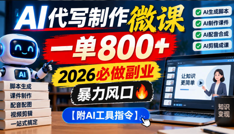 AI代写制作微课,一单800+,2026必做副业,暴力风口【附AI工具指令】【揭秘】-资源共享