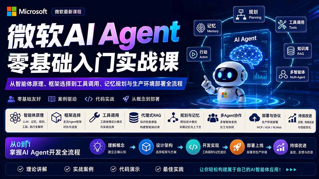 微软AI Agent零基础入门实战课:从智能体原理、框架选择到工具调用、记忆规划与生产环境部署全流程-资源共享