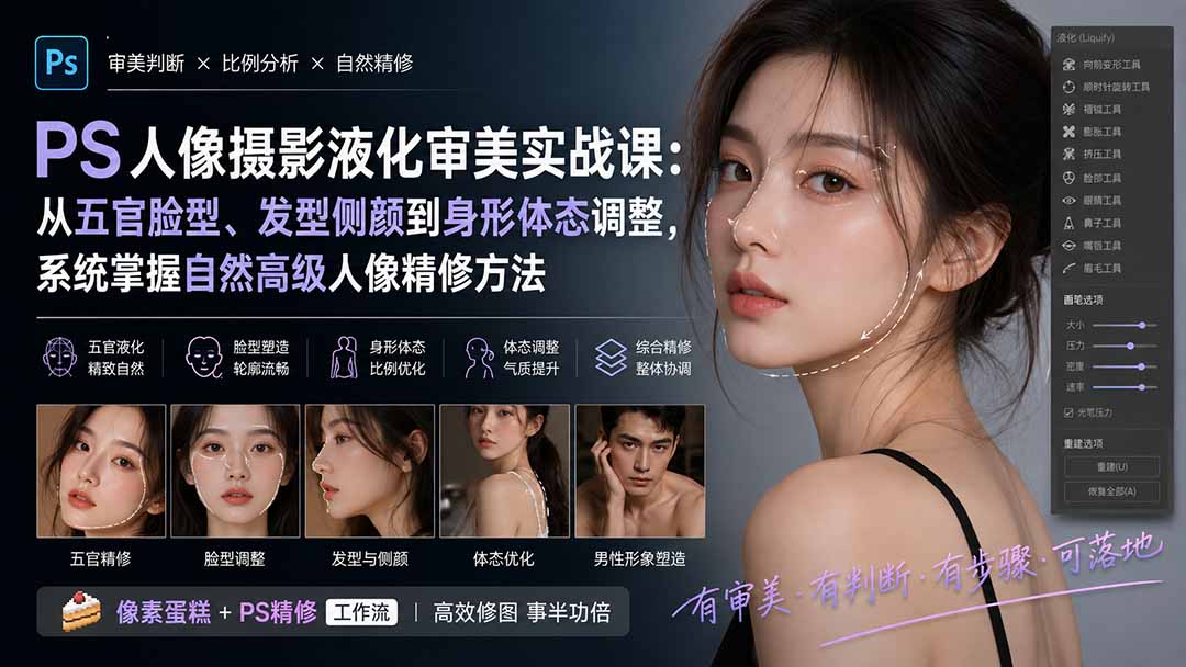 PS人像摄影液化审美实战课：从五官脸型、发型侧颜到身形体态调整，系统掌握自然高级人像精修方法-资源共享