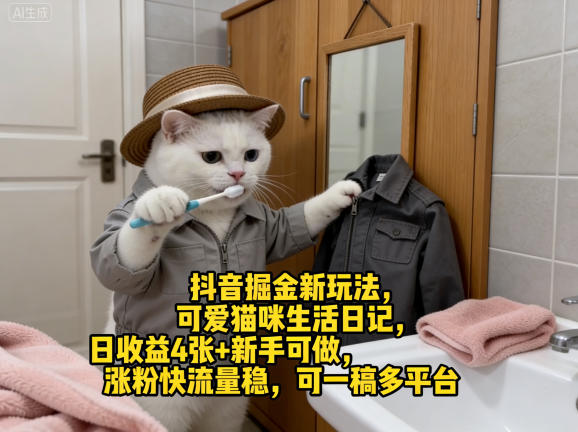 抖音掘金新玩法，可爱猫咪生活日记，日收益4张+新手可做，涨粉快流量稳，可一稿多平台-资源共享