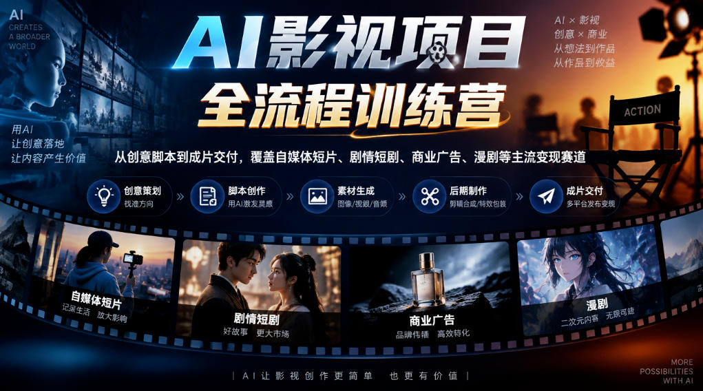 AI影视项目全流程训练营，从创意脚本到成片交付，覆盖自媒体短片、剧情短剧、商业广告、漫剧等主流变现赛道-资源共享