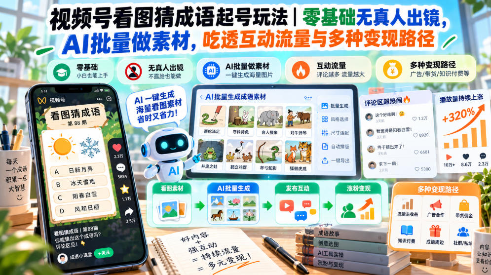 视频号看图猜成语起号玩法|零基础无真人出镜,AI批量做素材,吃透互动流量与多种变现路径-资源共享