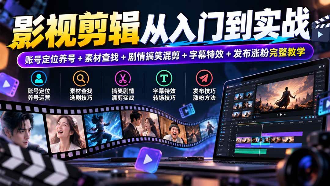 （20812期）影视剪辑从入门到实战：账号定位养号+素材查找+剧情搞笑混剪+字幕特效+发布涨粉完整教学-资源共享