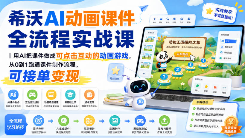 希沃AI动画课件全流程实战课|用AI把课件做成可点击互动的动画游戏,从0到1跑通课件制作流程,可接单变现-资源共享