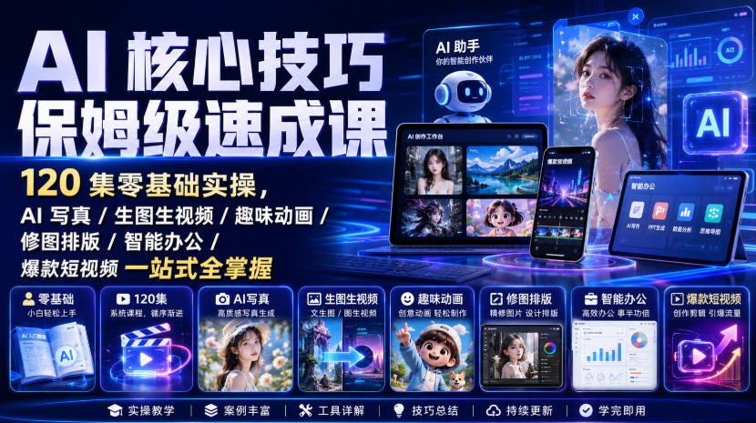 AI核心技巧保姆级速成课｜120集零基础实操，AI写真/生图生视频/趣味动画/修图排版/智能办公/爆款短视频一站式全掌握-资源共享
