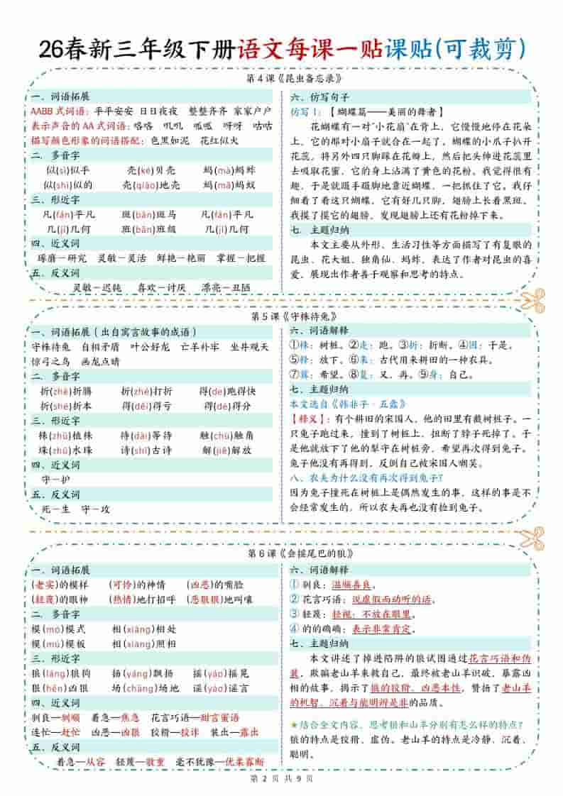 三年级下语文【彩色重点一课一贴】-资源共享