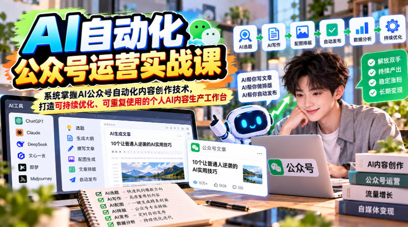 AI自动化公众号运营实战课,系统掌握AI公众号自动化内容创作技术,打造可持续优化、可重复使用的个人AI内容生产工作台-资源共享