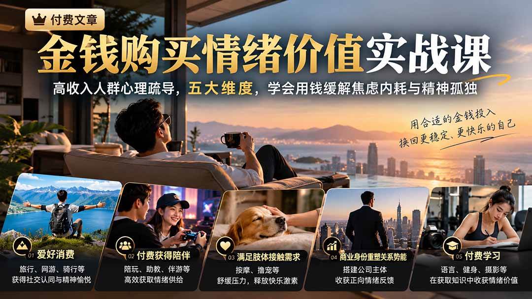 (20941期)付费文章:金钱购买情绪价值实战课|高收入人群心理疏导,五大维度,学会用钱缓解焦虑内耗与精神孤独-资源共享
