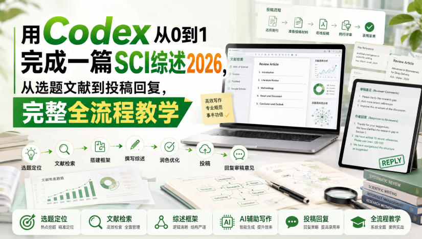 用Codex从0到1完成一篇SCI综述2026,从选题文献到投稿回复,完整全流程教学-资源共享