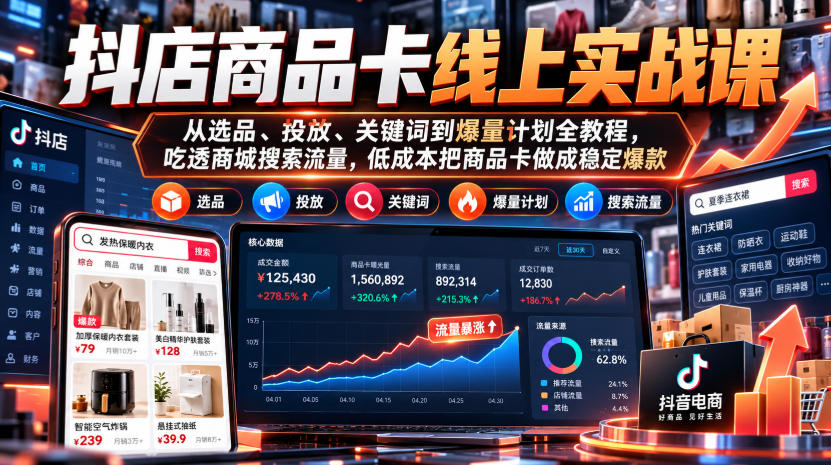 抖店商品卡线上实战课｜从选品、投放、关键词到爆量计划全教程，吃透商城搜索流量，低成本把商品卡做成稳定爆款-资源共享