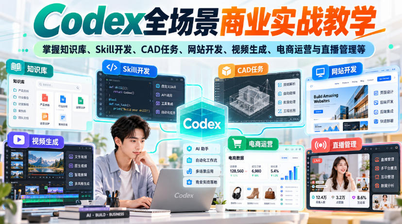 Codex全场景商业实战教学，掌握知识库、Skill开发、CAD任务、网站开发、视频生成、电商运营与直播管理等（更新1010）-资源共享