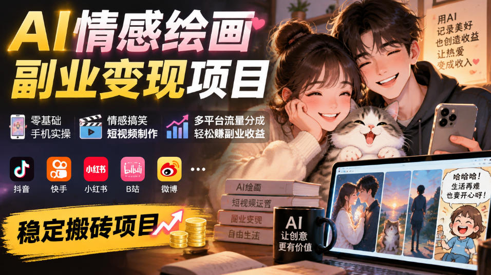AI情感绘画副业变现项目｜零基础手机实操，情感搞笑短视频制作，多平台流量分成轻松賺副业收益-资源共享