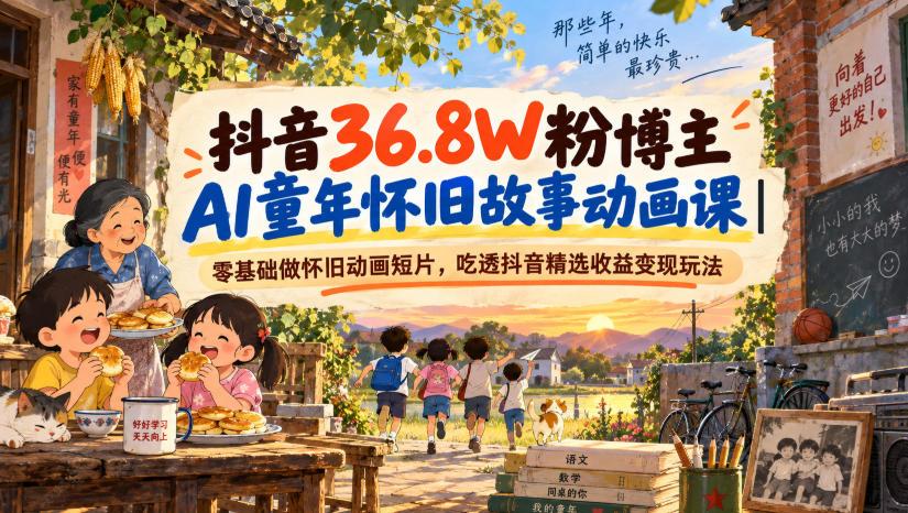 抖音36.8W粉博主AI童年怀旧故事动画课｜零基础做怀旧动画短片，吃透抖音精选收益变现玩法-资源共享