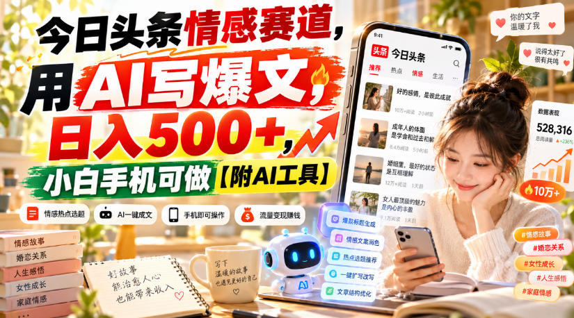 今日头条情感赛道，用AI写爆文，日入500+，小白手机可做【附AI工具】-资源共享