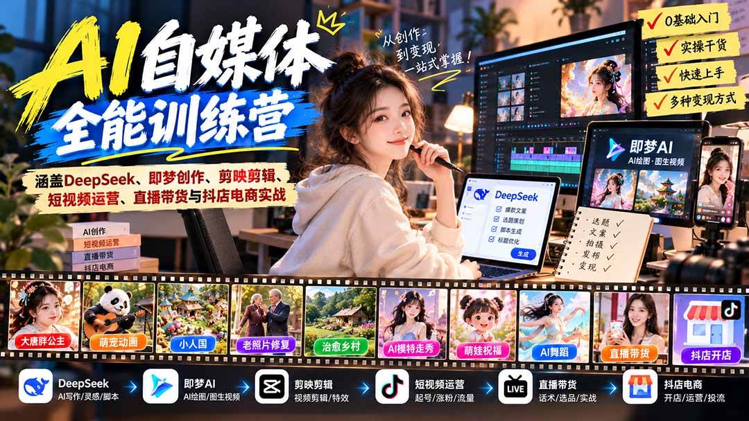 (21201期)【无水印】AI+自媒体全能训练营:涵盖DeepSeek、即梦创作、剪映剪辑、短视频运营、直播带货与抖店电商实战-资源共享