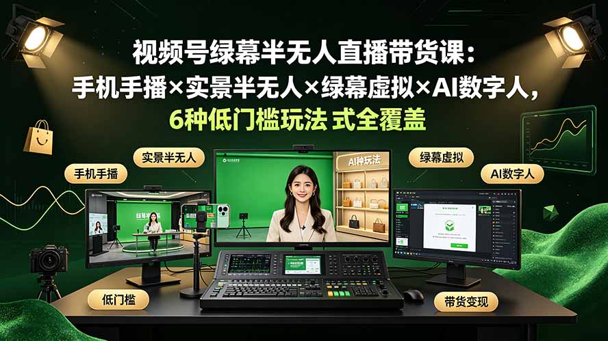视频号绿幕半无人直播带货课:手机手播×实景半无人×绿幕虚拟×AI数字人,6种低门槛玩法全覆盖-资源共享