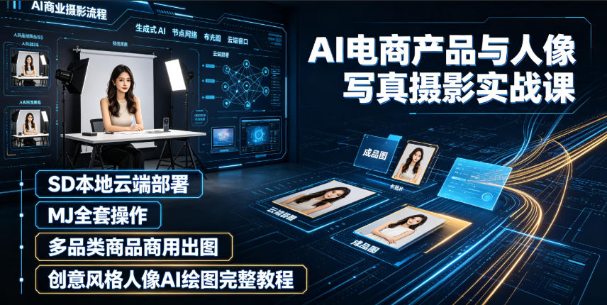 AI电商产品与人像写真摄影实战课｜SD本地云端部署、MJ全套操作、多品类商品商用出图、创意风格人像AI绘图完整教程-资源共享
