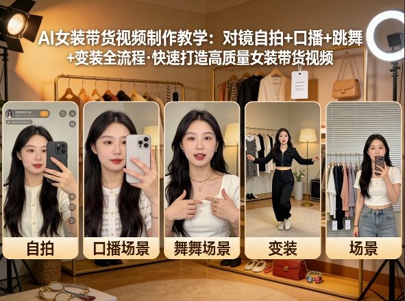 AI女装带货视频制作教学，对镜自拍、口播、跳舞、变装全流程，快速打造高质量女装带货视频-资源共享