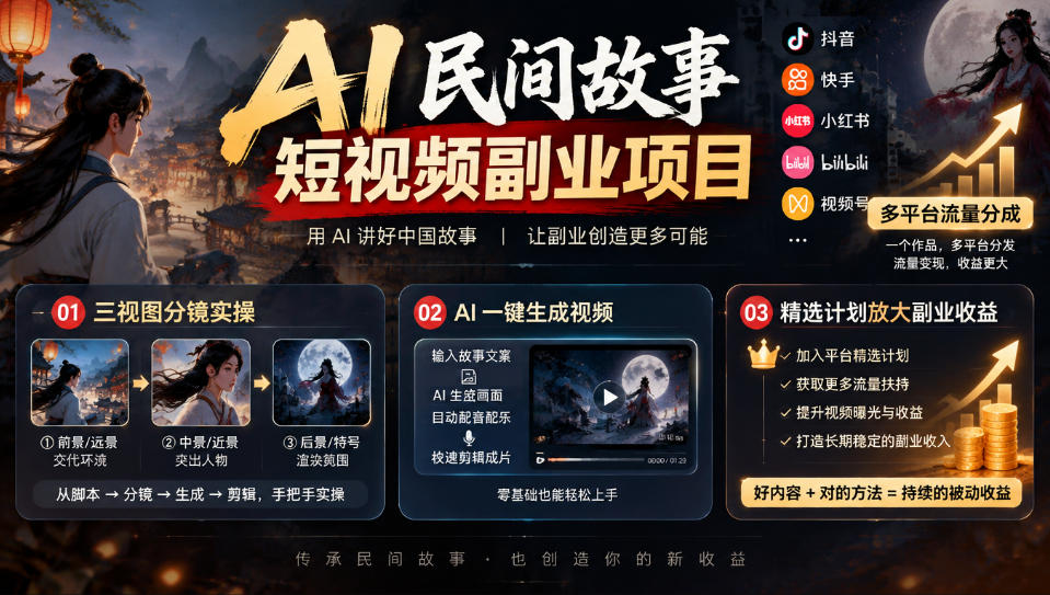 AI民间故事短视频副业项目,多平台流量分成,三视图分镜实操,精选计划放大副业收益-资源共享