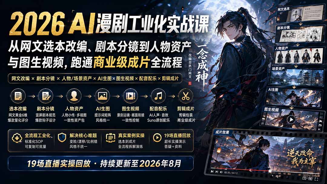 2026 AI漫剧工业化实战课-更新:从网文选本改编、剧本分镜到人物资产与图生视频,跑通商业级成片全流程-资源共享