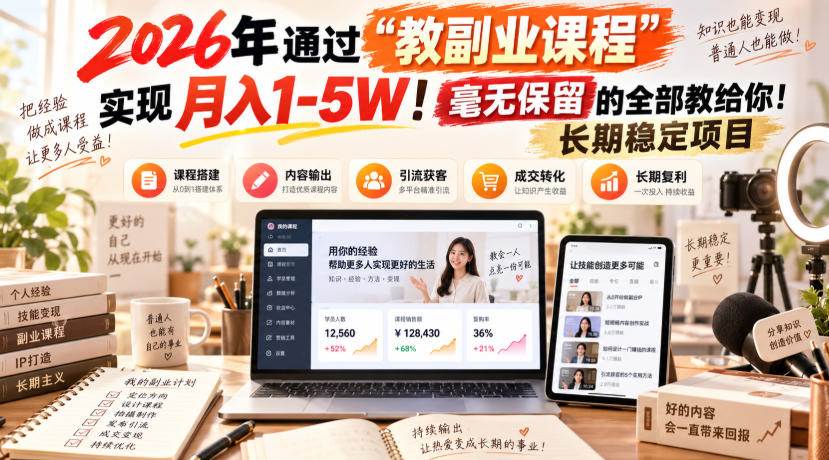 (20468期)2026年通过“教副业课程”实现月入1-5W!毫无保留的全部教给你!长期稳定项目-资源共享