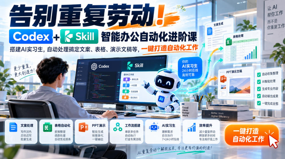 告别重复劳动!Codex+Skill智能办公自动化进阶课|搭建AI实习生,自动处理搞定文案、表格、演示文稿等,一键打造自动化工作-资源共享