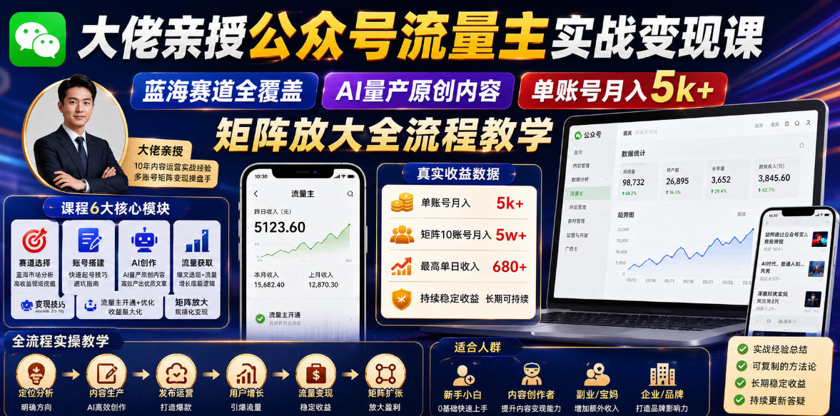 大佬亲授公众号流量主实战变现课,蓝海赛道全覆盖,AI量产原创内容,单账号月入5k+矩阵放大全流程教学-资源共享