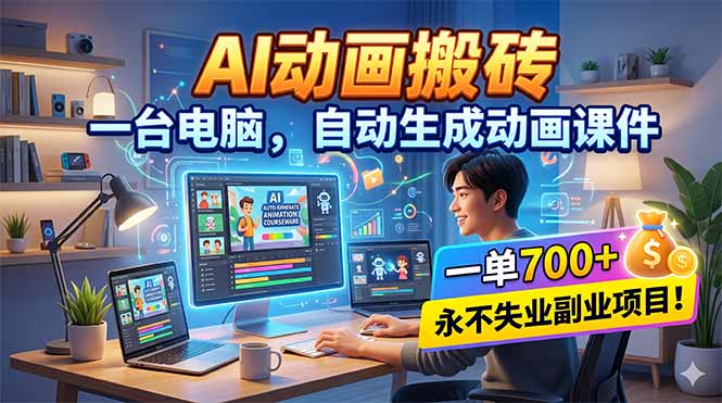 AI动画搬砖,一台电脑,自动生成动画课件,一单800+ 永不失业副业项目!-资源共享