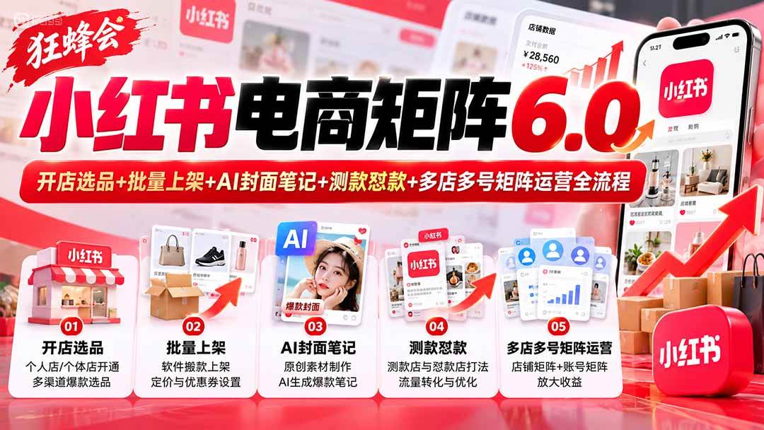 (20732期)【无水印】狂蜂会小红书电商矩阵6.0:开店选品+批量上架+AI封面笔记+测款怼款+多店多号矩阵运营全流程-资源共享