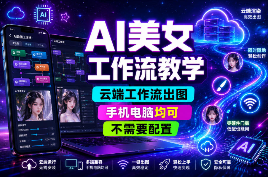 AI美女工作流教学,云端工作流出图,手机电脑均可,不需要配置,快速起号涨粉-资源共享
