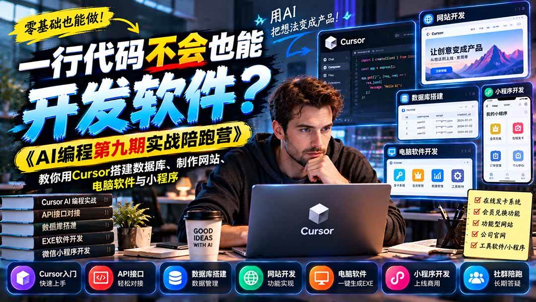 (21146期)一行代码不会也能开发软件?《AI编程第九期实战陪跑营》教你用Cursor搭建数据库、制作网站、电脑软件与小程序-资源共享