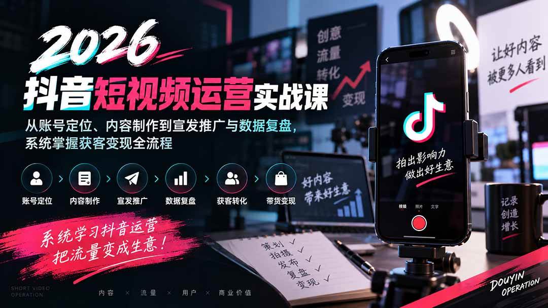 （20406期）2026抖音短视频运营实战课：从账号定位、内容制作到宣发推广与数据复盘，系统掌握获客变现全流程-资源共享