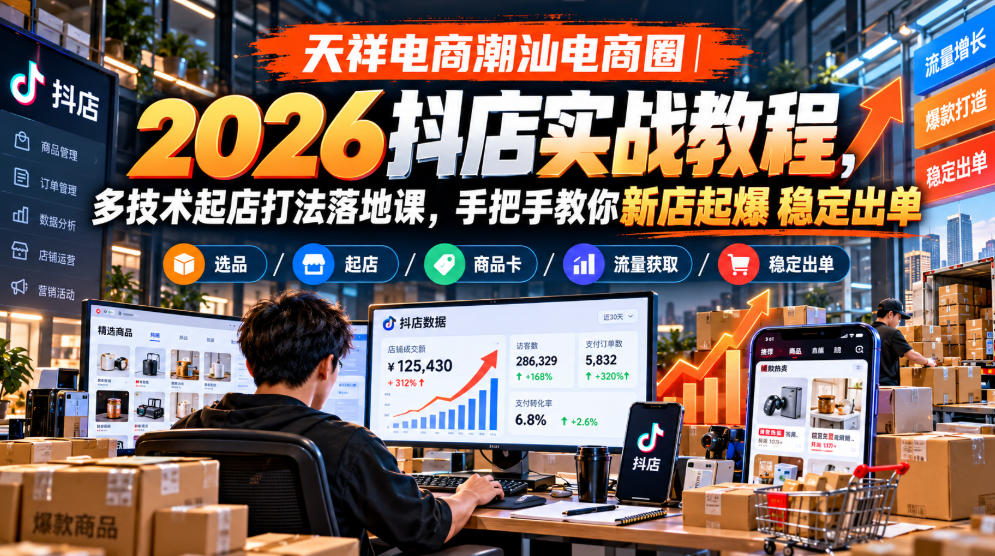 天祥电商潮汕电商圈｜2026抖店实战教程，多技术起店打法落地课，手把手教你新店起爆稳定出单-资源共享