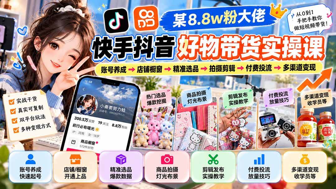 (20733期)某8.8w粉大佬快手抖音好物带货实操课:账号养成→店铺橱窗→精准选品→拍摄剪辑→付费投流→多渠道变现-资源共享
