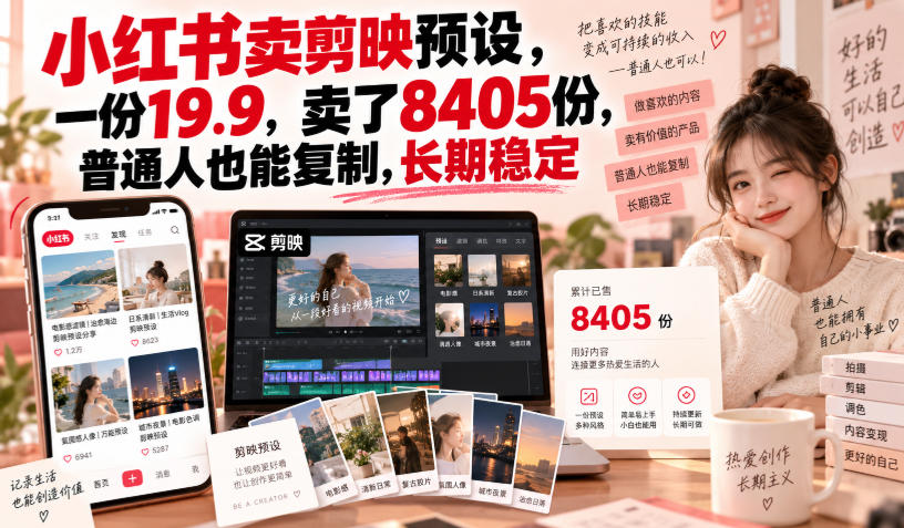 小红书卖剪映预设，一份19.9，卖了8405份，普通人也能复制，长期稳定-资源共享