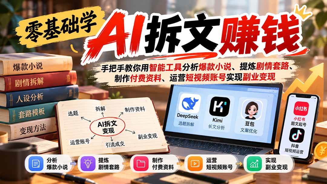 (21030期)零基础学AI拆文赚钱:手把手教你用智能工具分析爆款小说、提炼剧情套路、制作付费资料、运营短视频账号实现副业变现-资源共享