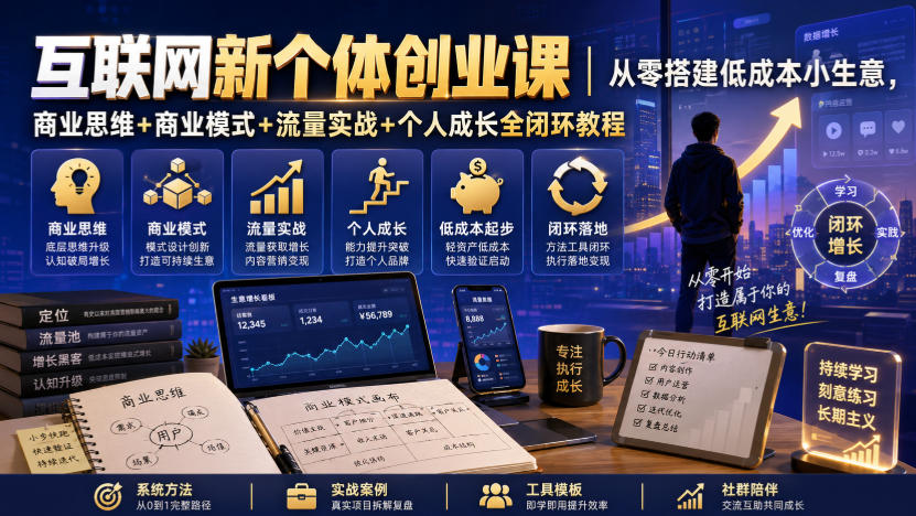 互联网新个体创业课|从零搭建低成本小生意,商业思维+商业模式+流量实战+个人成长全闭环教程-资源共享