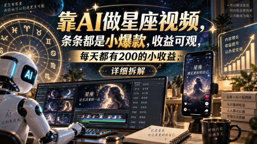 靠AI做星座视频，条条都是小爆款，收益可观，每天都有200的小收益，详细拆解-资源共享