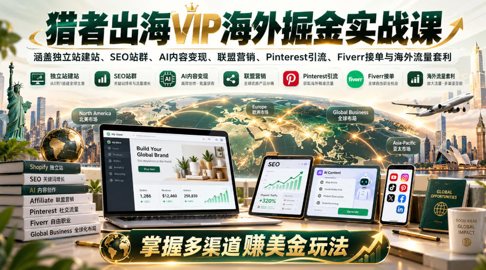 猎者出海VIP海外掘金实战课:涵盖独立站、SEO站群、AI变现、联盟营销、Pinterest引流、Fiverr接单与海外流量套利,掌握多渠道賺美金玩法-资源共享