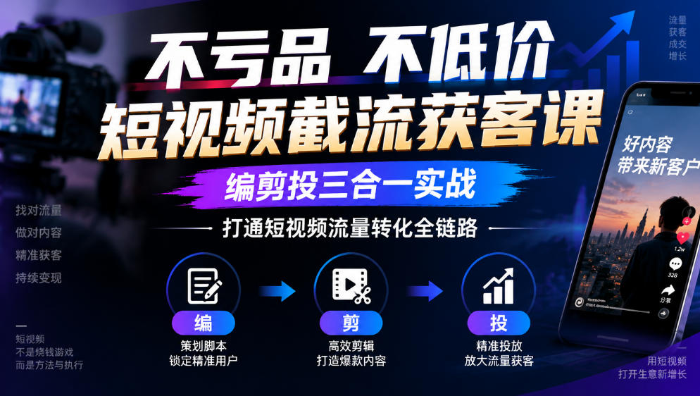 不亏品不低价短视频截流获客课，编剪投三合一实战，打通短视频流量转化全链路-资源共享