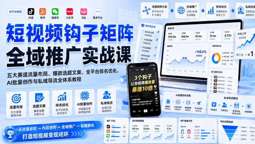 短视频钩子矩阵全域推广实战课｜五大赛道流量布局、爆款选题文案、全平台排名优化、AI批量创作与私域导流全体系教程-资源共享