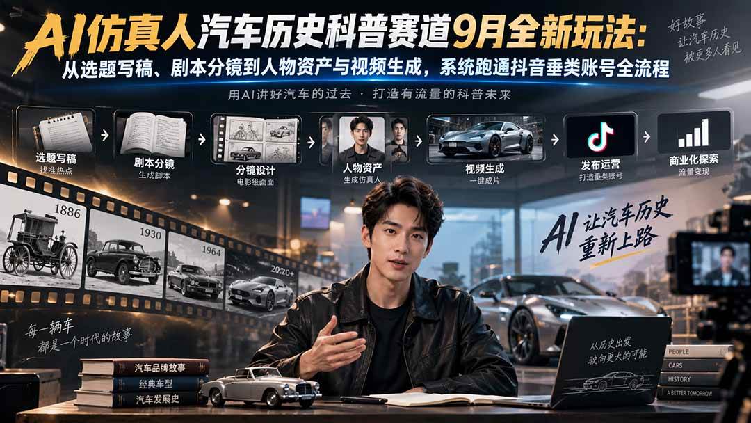 （20413期）AI仿真人汽车历史科普赛道9月全新玩法：从选题写稿、剧本分镜到人物资产与视频生成，系统跑通抖音垂类账号全流程-资源共享