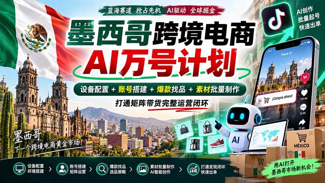 （20500期）墨西哥AI跨境电商万号计划｜设备配置+账号搭建+爆款找品+素材批量制作，打通矩阵带货完整运营闭环-资源共享