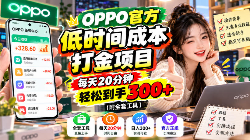 OPPO官方低时间成本打金项目，每天20分钟，轻松到手300+（附全套工具）【揭秘】-资源共享
