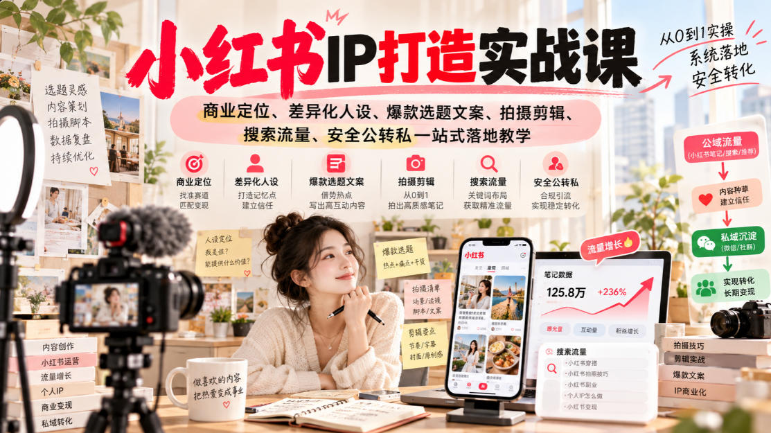 小红书ip打造实战课，商业定位、差异化人设、爆款选题文案、拍摄剪辑、搜索流量、安全公转私一站式落地教学-资源共享