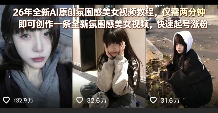 26年全新AI原创氛围感美女视频教程，仅需两分钟即可创作一条全新氛围感美女视频，快速起号涨粉-资源共享